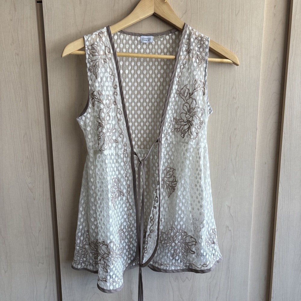 Charming Charlie Vest Beige Boho Lace Crochet Embroidered‎ Sheer Womens Small